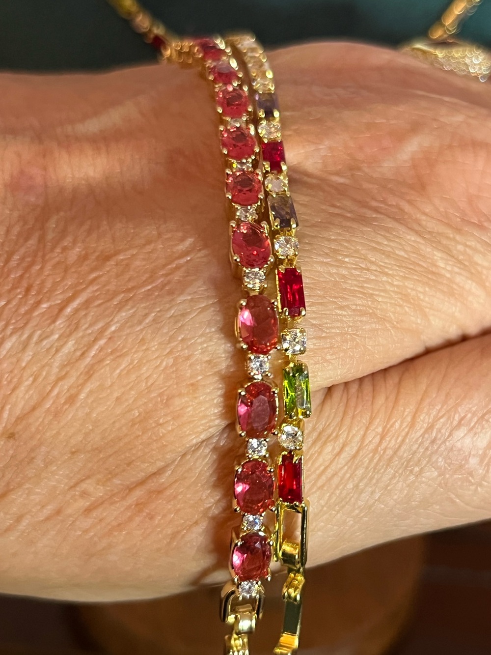 Multi-Gem Necklace, Bracelet, Red Gem Bracelet & Ring, Red Moissanite Earrings - Picture 5 of 9